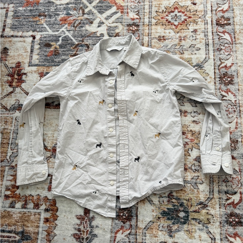Janie and Jack Boys White Button-Up Shirt with Embroidered Dogs